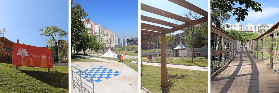 Quatro fotos do Parque Nair Bello; uma placa na cor laranja, um chão quadriculado de azul e branco;uma ponde de madeira, 
